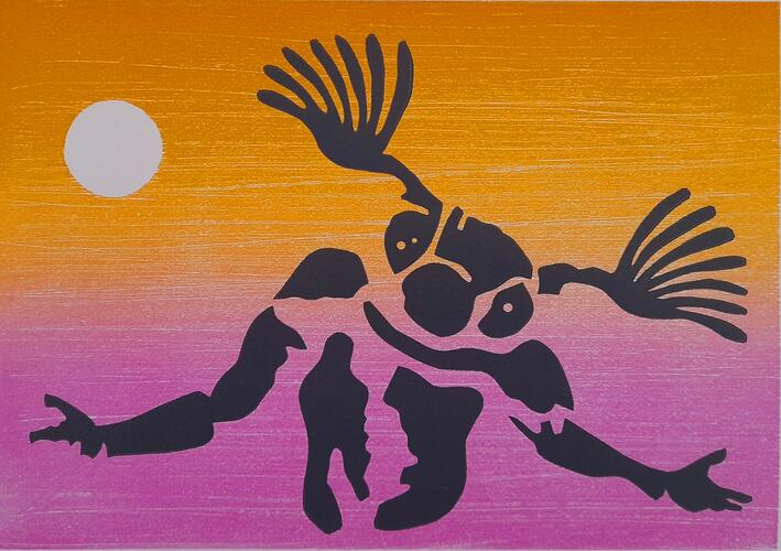 Eric Schelstraete, Bienvenue dans ma Scarabande, 2023, linogravure, 40 x 44 cm, ULB-C-AMC-0365© Collection d'art moderne et contemporain de l'ULB, photo Eric Schelstraete