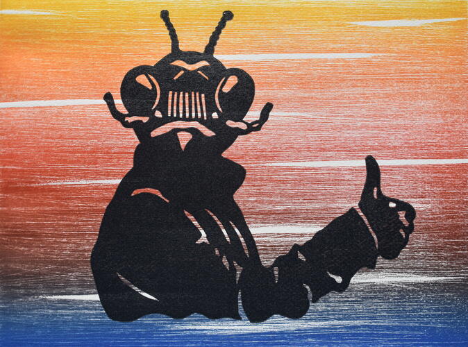 Eric Schelstraete, The happy bug, 2024, linosnede, 41,5 x 50 cm, ULB-C-AMC-0369© Collectie moderne en hedendaagse kunst van ULB, foto Eric Schelstraete