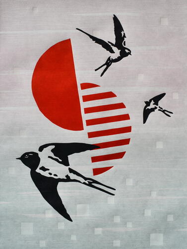 Eric Schelstraete, Drie zwaluwen, 2024, linosnede, 53 x 43 cm, ULB-C-AMC-0370© Collectie moderne en hedendaagse kunst van ULB, foto Eric Schelstraete