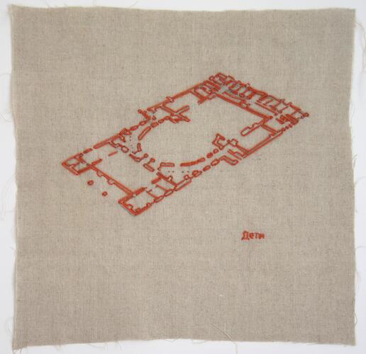 Servane de Tourtier, Vernietiging van het Mariupol-theater, 2025, wol geborduurd op linnen, 37 x 37 cm, ULB-C-AMC-0373&copy; Collectie moderne en hedendaagse kunst ULB, foto Servane de Tourtier