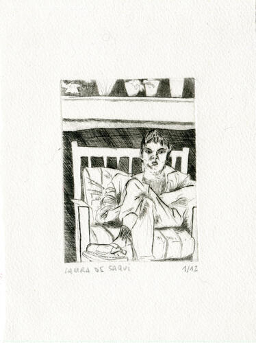 Laura De Saqui, Autoportrait à la mauvaise humeur, 2024, pointe sèche, 19 x 14 cm, ULB-C-AMC-0379&copy; Collection d'art moderne et contemporain de l'ULB