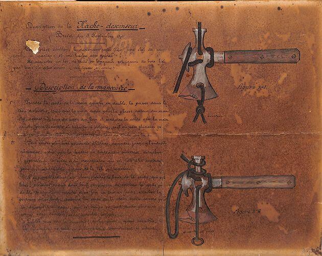Description de la Hache descendeur, brevet, Schaerbeek, 1891
