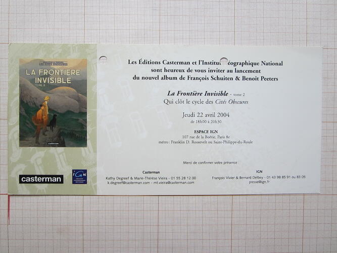 Invitation lancement “La Frontière Invisible - Tome 2”© François Schuiten / Casterman / Institut Géographique National, 2004