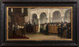 Huile sur toile d’Edouard Brandon intitulée « Prière pour Léopold II, Roi des Belges à la synagogue », 1889. 
