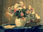 Stilleven van een vaas met bloemen, een boek en een schilderspalet<br>Van de Walle , ?