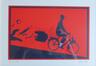 Lithogravure - Monsieur Hulot sur son vélo<br>