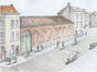 Alfred De Vos, Rue Wauters-Koeckx (Molenbeek-Saint-Jean) en 1929, dessin rehaussé à la gouache, 1979.<br>