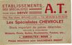Carte postale commerciale Etablissements A.T., spécialistes Chevrolet, Rue Ulens, 45a (Molenbeek-Saint-Jean), 1946.