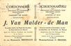 Carte postale commerciale Cordonnerie orthopédique J. Van Malder-de Man, Rue Mommaerts, 17 (Molenbeek-Saint-Jean), 1934.<br>