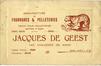 Reclamekarton Atelier van pelzen en lederwaren Jacques De Geest, Steenweg op Gent 143 (Sint-Jans-Molenbeek), s.d.<br>
