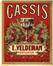 Etiquette Cassis E. Veldeman, distillateur, Rue de l'Intendant, 131 (Molenbeek-Saint-Jean), s.d.<br>