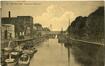 Prentkaart Kanaal van Charleroi tussen de Koolmjnenkaai met de graanmolen Farcy (Sint-Jans-Molenbeek) en de Stapelhuislaan (Brussel), uitg. B.B. (Brussel), s.d.<br>